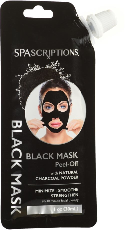 Een zwarte gezichtsmasker tube met een vrouw die de masker aanbrengt, gelabeld als SPA SCRIPIONS BLACK MASK met houtskoolpoeder.