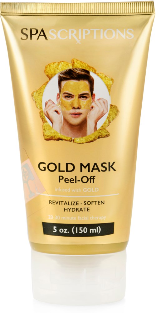 Gouden masker peel-off met een vrouwengezicht, gouden achtergrond en tekst over huidvernieuwing en hydratatie.