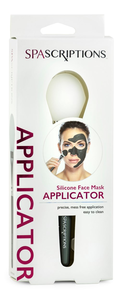 Een siliconen gezichtsmaskerapplicator met handvat, getoond in een doos met het merk SPASCRIPTIONS.