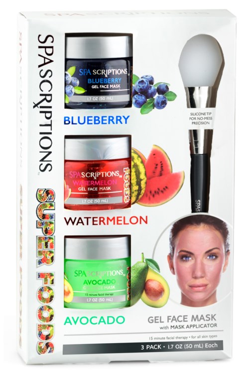 Een huidverzorgingsset met drie gelmaskers in bosbessen, watermeloen en avocado smaken, plus een maskerapplicator.