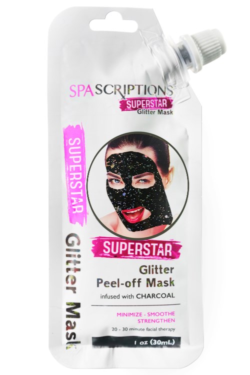Een glitter-peel-off gezichtsmasker in een witte verpakking met een vrouw die het aanbrengt, gelabeld 'Superstar Glitter Mask' en 'SPA Scriptions.'