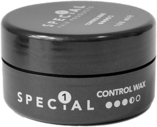Een zwarte container haarwax met label 'Special 1 Control Wax' en vijf kleine cirkels. Het deksel heeft vergelijkbare tekst.