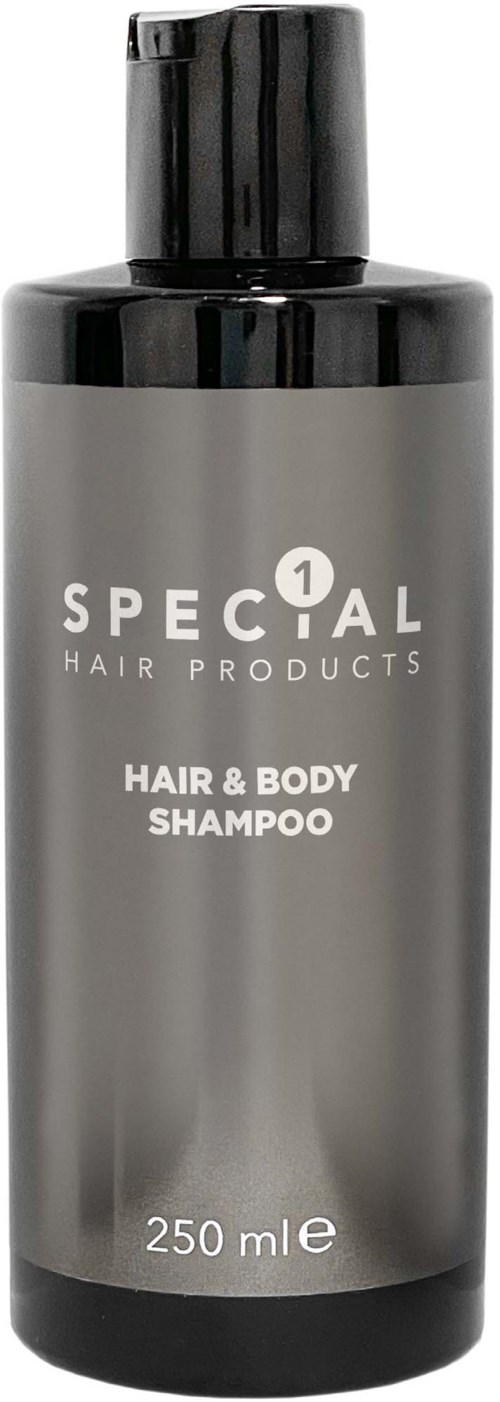 Een fles shampoo met label 'Special Hair & Body Shampoo' met zwarte dop en grijze fles, 250 ml.