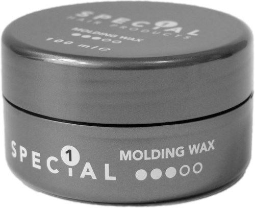 Een ronde container met label speciale vormwas met een zilveren deksel, gebruikt voor het maken of vormen.