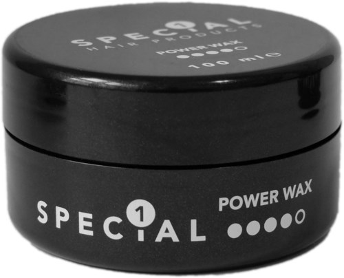 Een zwarte container gemarkeerd 'Special Power Wax' met witte tekst en stippen, gebruikt voor haarstyling.