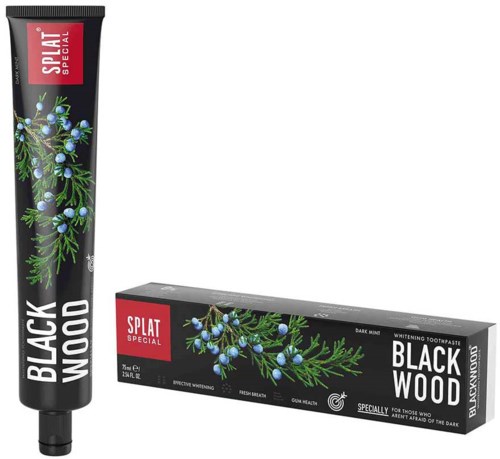 A black and green toothpaste tube and box with blue berries and green leaves, labeled 'Black Wood' by SPLAT.