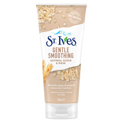 Haver scrub en mask in een beige tube met haver en gerst illustraties, gelabeld "Gentle Smoothing" en "Made in 100% Natural".