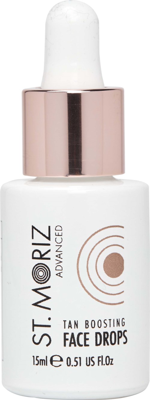 Eine weiße Flasche mit Tropfer, beschriftet 'St. Moriz Advanced Tan Boosting Face Drops.'