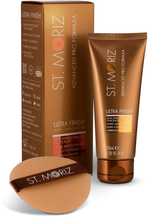 Sie zeigen ein Puder, eine Tube Make-up-Grundierung und eine Schachtel mit Make-up-Produkten von St. Moriz.
