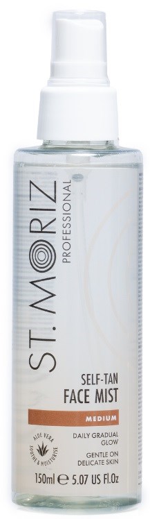 Eine weiße Sprühflasche mit St. Moriz Professional Self-Tan Face Mist, Mittelton, für allmählichen Glanz, 150ml.