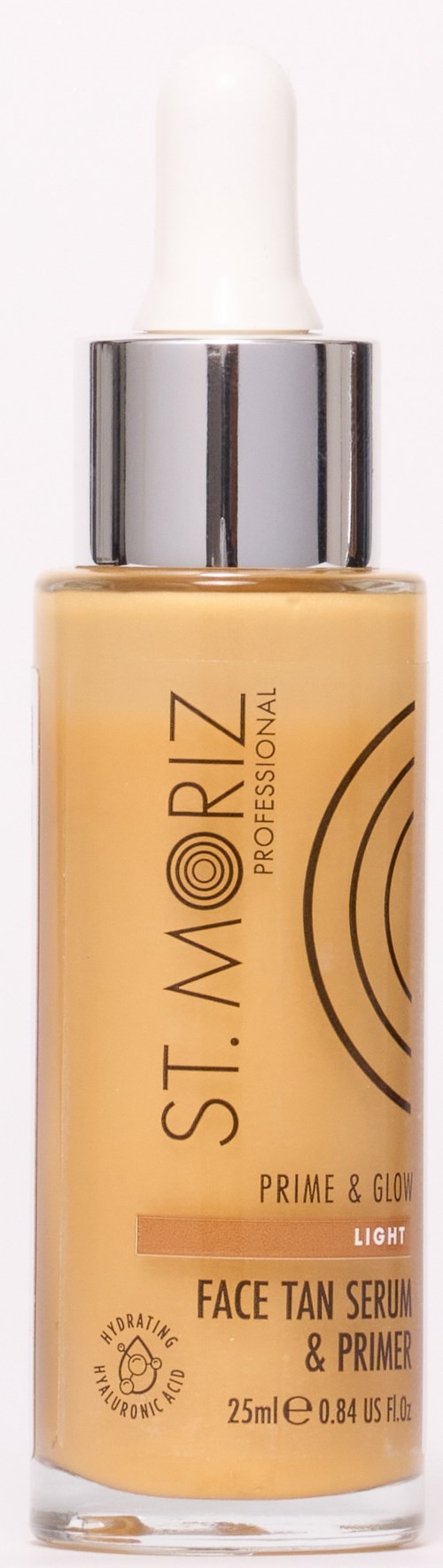 Kleine Flasche mit Gesichtsbräunungsserum, beschriftet 'Prime & Glow' mit weißen Tropfer-Kappe.