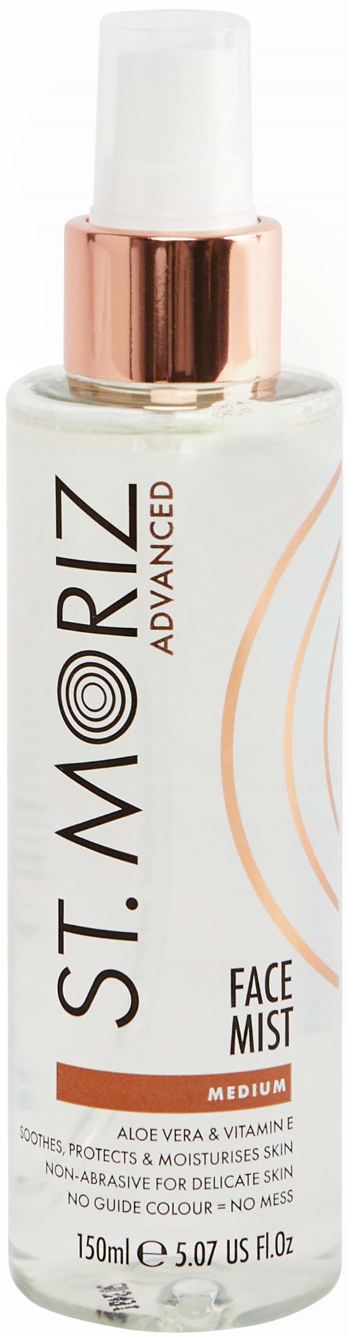 Eine weiße Flasche mit Pumpe, beschriftet 'St. Moriz Advance Face Mist,' mit goldenen und beigen Akzenten.