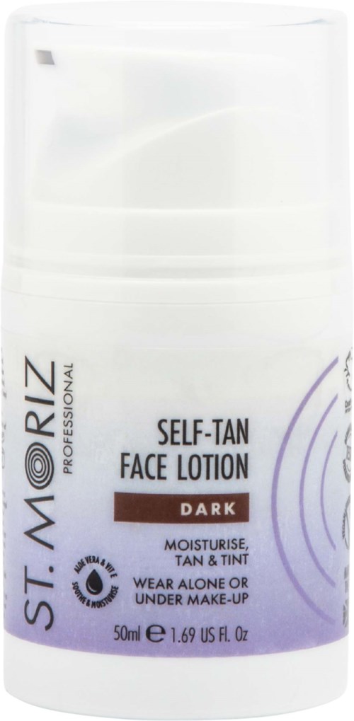 Eine weiße Flasche Selbstbräunungslotion für dunkle Haut, spendet Feuchtigkeit, bräunt und tönnt. 50 ml.