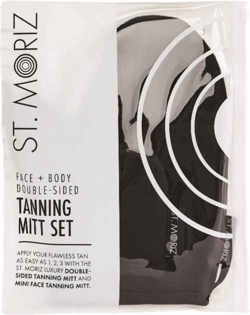 Schwarz-weiße Verpackung für ein Bräunungshandsatz, mit Textanweisungen und einem kreisförmigen Design auf der rechten Seite.