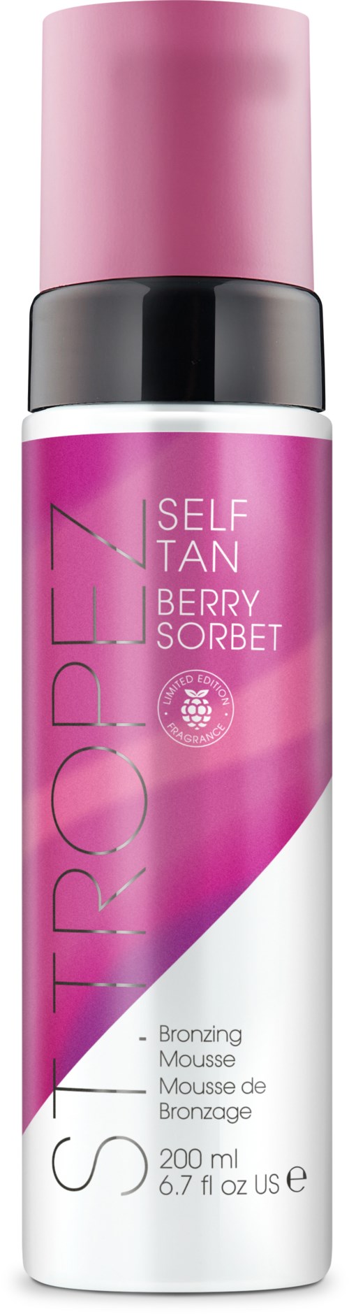 Ein pink-weißes Spray mit Aufschrift 'Self Tan Berry Sorbet' und 'Bronzing Mousse.'