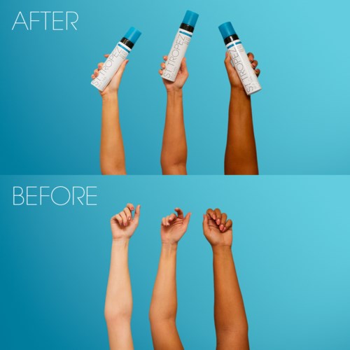 Drei Hände halten Flaschen mit 'After'- und 'Before'-Aufklebern, unterschiedlich dunkle Hauttöne, gegen blauen Hintergrund.