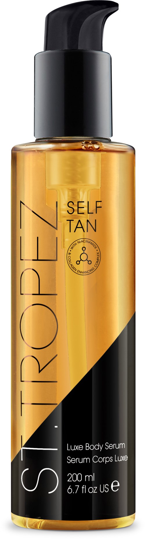 Eine gold- und schwarzfarbige Flasche mit Selbstbräunungs-Body-Serum und Pumpenspender. Das Etikett zeigt Produktname und Größe.