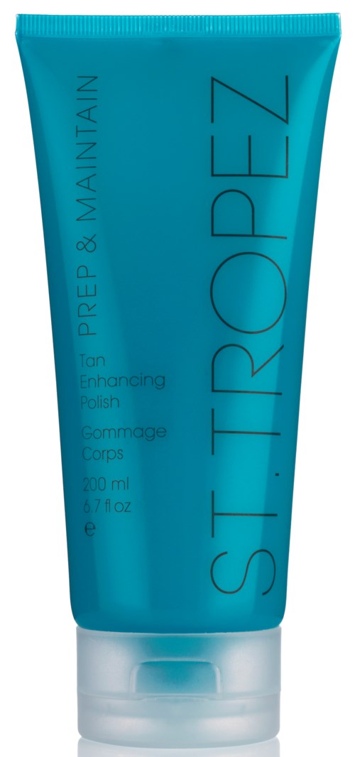 Blaue Tube mit schwarzem Text, gekennzeichnet 'ST. TROPEZ'. Es ist ein Körperpeeling, 200 ml groß.