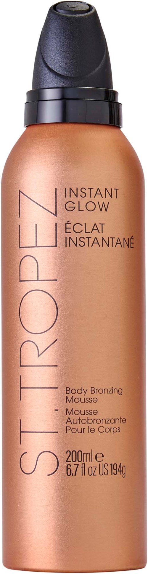 A bronze-colored spray can with black cap, labeled 'STROPEZ INSTANT GLOW Body Bronzing Mousse,' containing 200 ml.