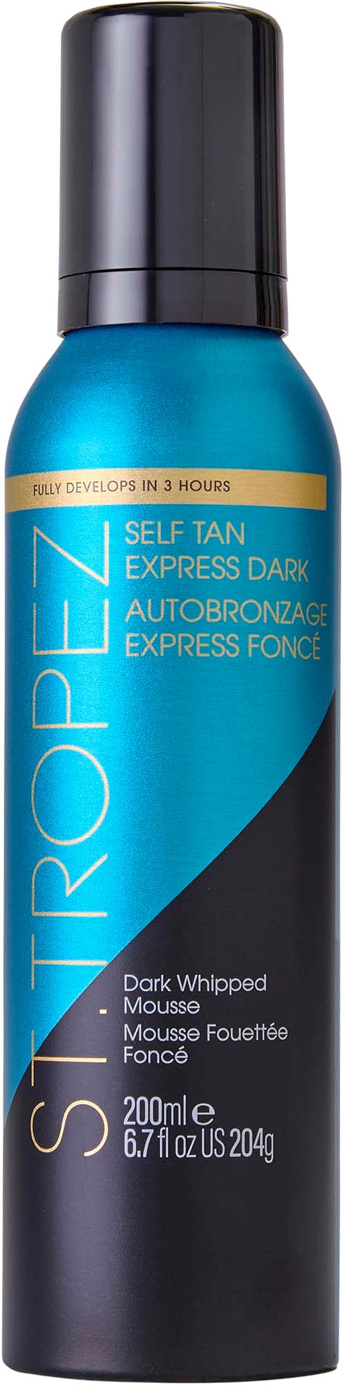 Eine blaue und schwarze Sprayflasche für Selbstbräuner, gekennzeichnet 'Self Tan Express Dark' mit 200 ml.