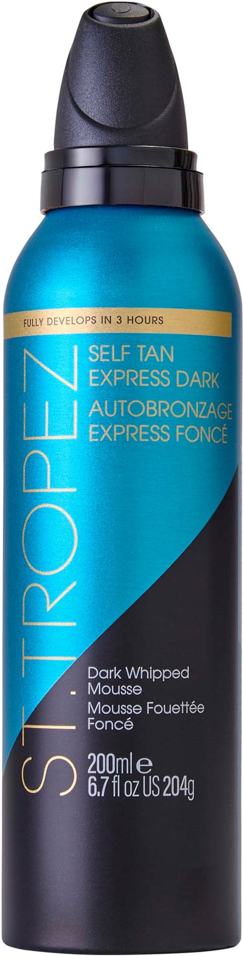 Blauer und schwarzer Sprühpreis mit gelbem Etikett, genannt Self Tan Express Dark, für schnelle Bräune.