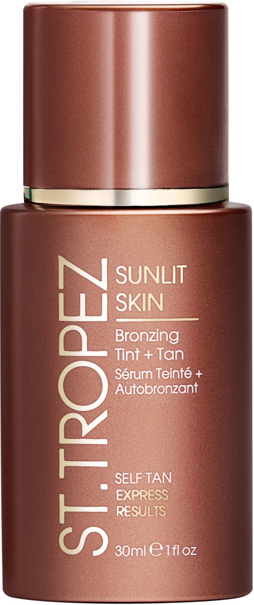 Ein bronzefarbene Flasche mit Selbstbräunungssirup für die Haut, beschriftet ST. TROP EZ. Verspricht schnelle Bräunungsergebnisse.