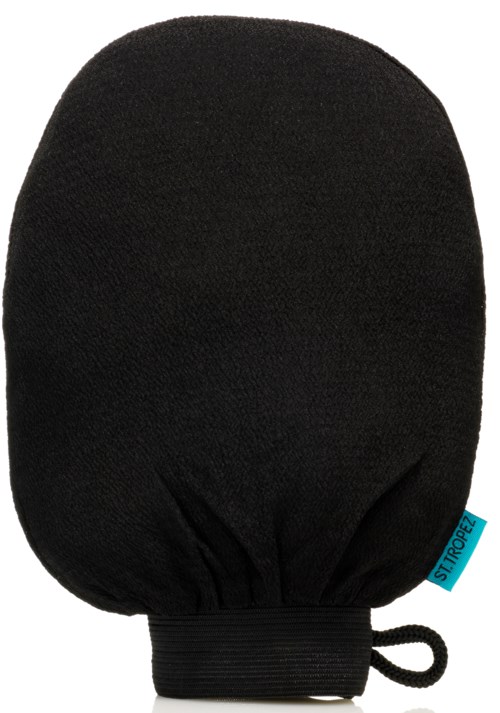 Ein schwarzer Handschuh aus weichem Stoff mit einem blauen Etikett und einer kleinen Schleife am Handgelenk.