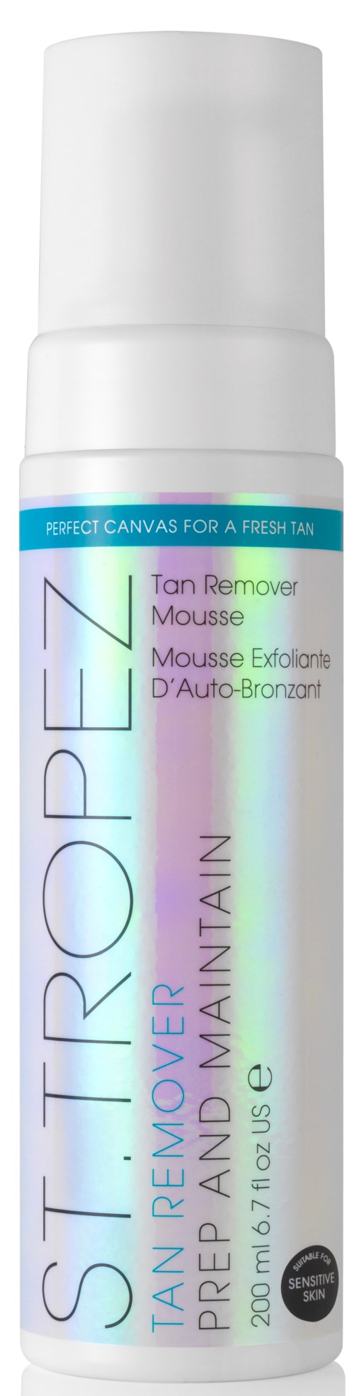 Eine weiße Flasche St. Tropez Bräunungsentferner Mousse für schnelle Hautreinigung.