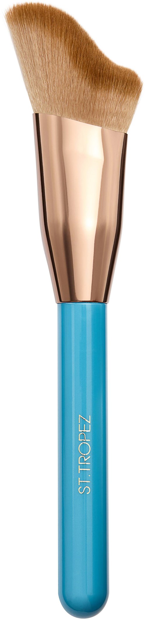 Ein Make-up-Pinsel mit blauer Griff und weichen, abgestuften Borsten. Der Text 'ST. TROPEZ' ist auf dem Griff.