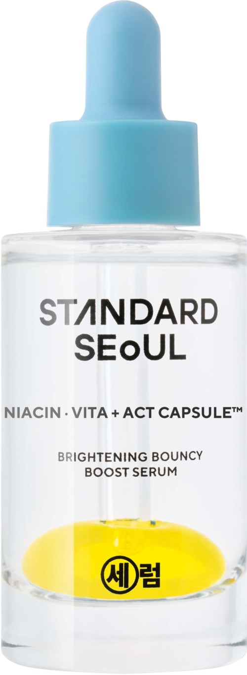 A skincare serum bottle with a blue dropper cap and a clear label showing product details.
