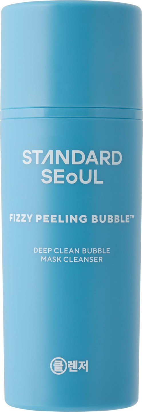 A blue cylindrical bottle labeled Standard Seoul Fizzy Peeling Bubble deep clean bubble mask cleanser.