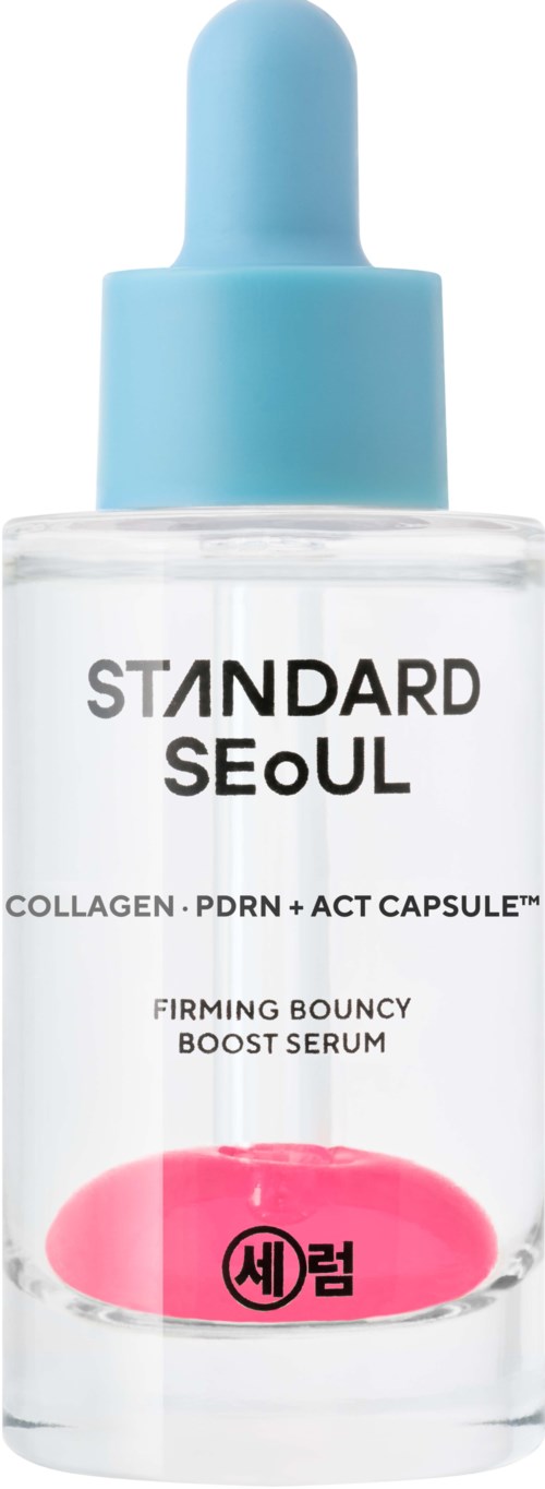 A clear bottle with a blue dropper and pink label, containing a serum for skin firming and bouncing.