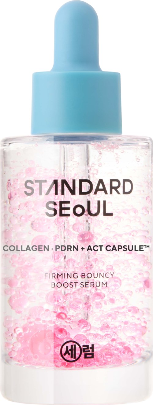 A skincare serum bottle with a blue dropper cap and pink bubbles on the label. The label has black and pink text.