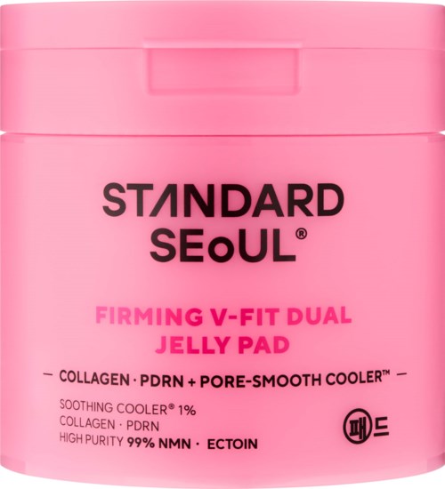 Pink jar for skincare product with black and pink text, labeled 'STANDARD SEOUL' and 'FIRMING V-FIT DUAL JELLY PAD'.