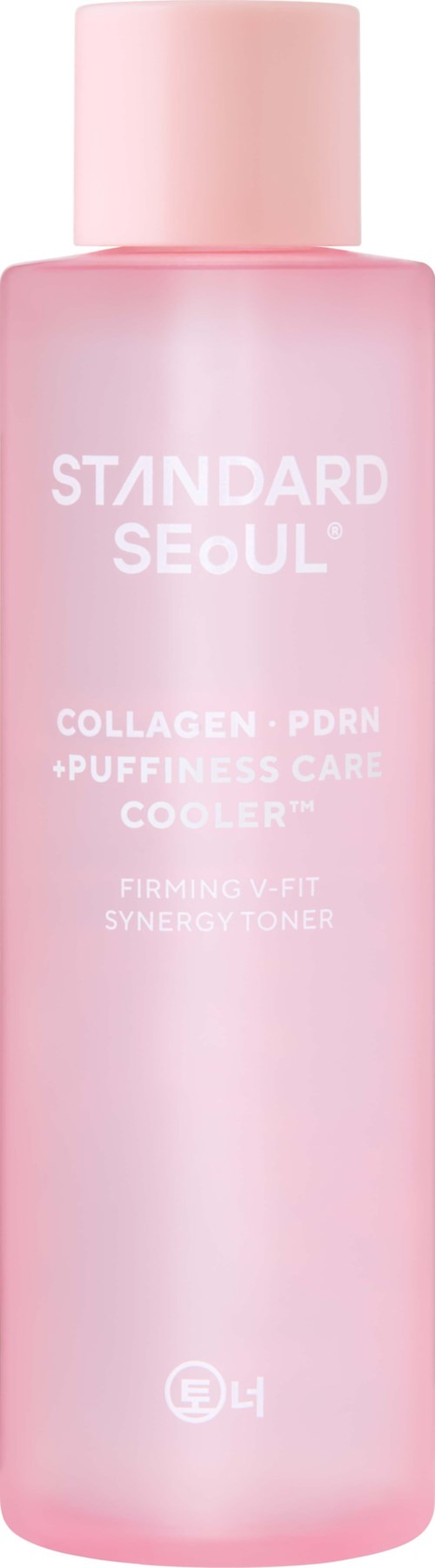 A pink bottle with a simple label, claiming to be a toner for skincare with collagen, pore, and cooling effects.