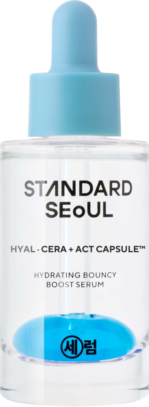 A small clear bottle with a blue dropper cap, labeled Standard Seoul hydrating serum for skin care.