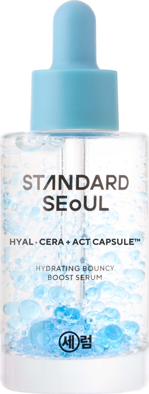 A clear bottle with blue liquid and bubbles, has a blue dropper cap. It is a hydrating serum for skin.