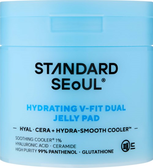 Blue container with black and blue text, features a product called Hydrating V-Fit Dual Jelly Pad. Contains skincare ingredients.