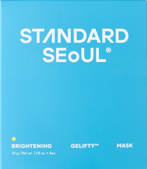 A blue box with white text says Standard Seoul Brightening Gelify Mask. It contains four masks, each 30 grams.