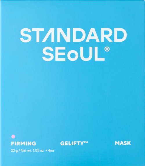 A blue packaging box with the words STANDARD SEOUL and product names GELFITY and MASK. Small text with weight details.
