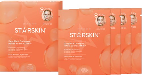 Verpackung für Hautmasken, orange Farbe, zeigt das Gesicht einer Frau, erwähnt Kollagen, Lachs-DNA und 30 Minuten.