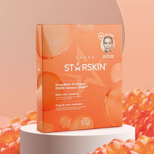 Eine korallenfarbene Box mit Hautpflegeprodukt und Lachs-Kapseln drumherum, beschriftet Star Skin DeepMelt Collagen PDRN Salmon DNA.