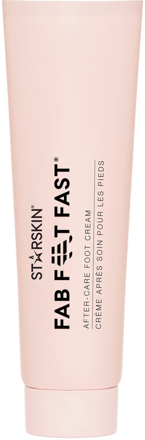 Eine rosa Tube Fußcreme mit der Aufschrift 'St. Skins Fab Fit Fast' für die Nachpflege der Füße.