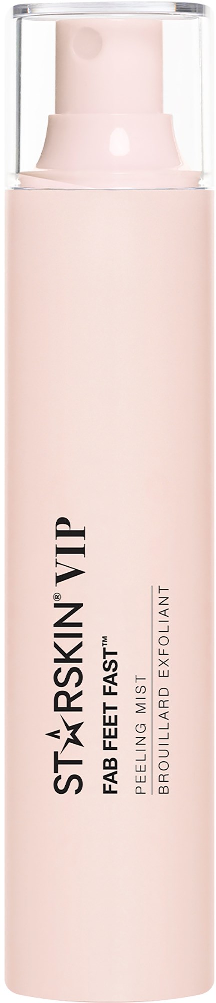 Eine lange, rosa Flasche mit Pumpe, beschriftet Skin VIP Fabe Feet Fast Peel, für Fußpeeling.