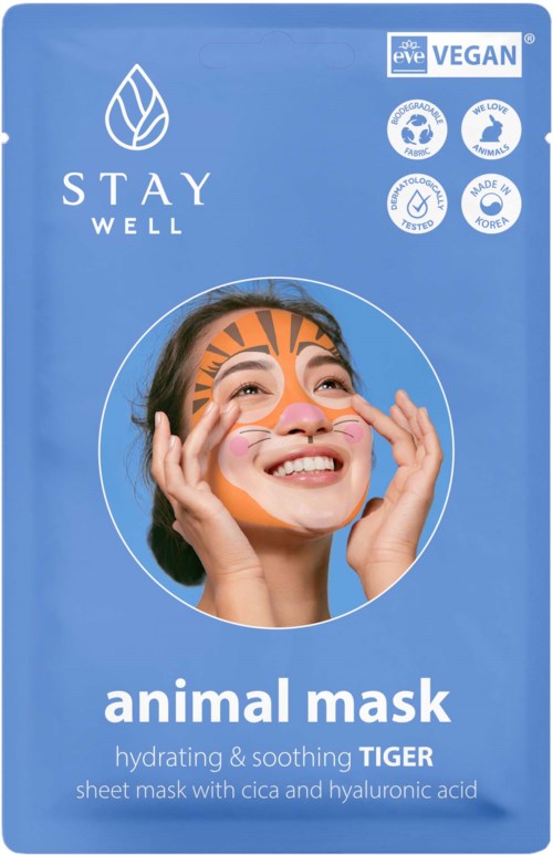 Ett blått paket för arkmask med en leende kvinna, tigeransiktsmålning och logotyper som visar att produkten är vegansk och tillverkad i Korea.