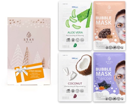 Neljä kasvonaamioita eri makuina, kuten aloe vera, kookospähkinä, tulivuori-aski ja hiili.