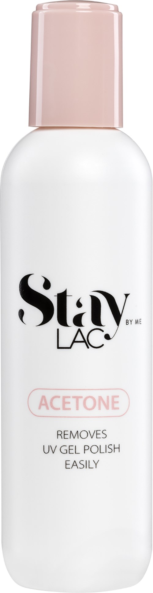Een witte fles met een roze dop, gelabeld 'Stay Lac', verwijdert UV-gel lak gemakkelijk.