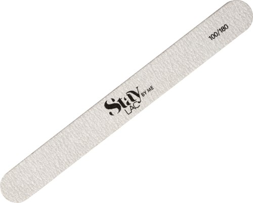 Een witte nagelvijl met zwarte tekst en een ruwe oppervlakte, gelabeld "StarLAC by ME" en "100/180."