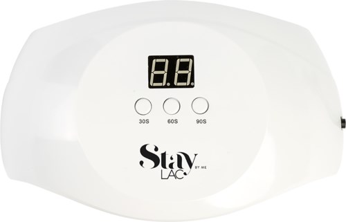 Een witte nagellamp met digitaal display en drie knoppen gelabeld 30s, 60s en 90s, gebruikt voor het uitharden van nagels.