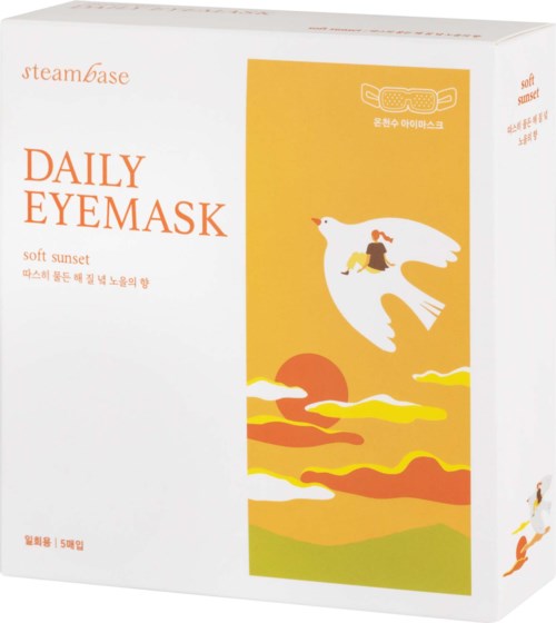 Een doos met dagelijkse oogmaskers met zonsondergang en vogelontwerp, toont een persoon die op een vogel rijdt.
